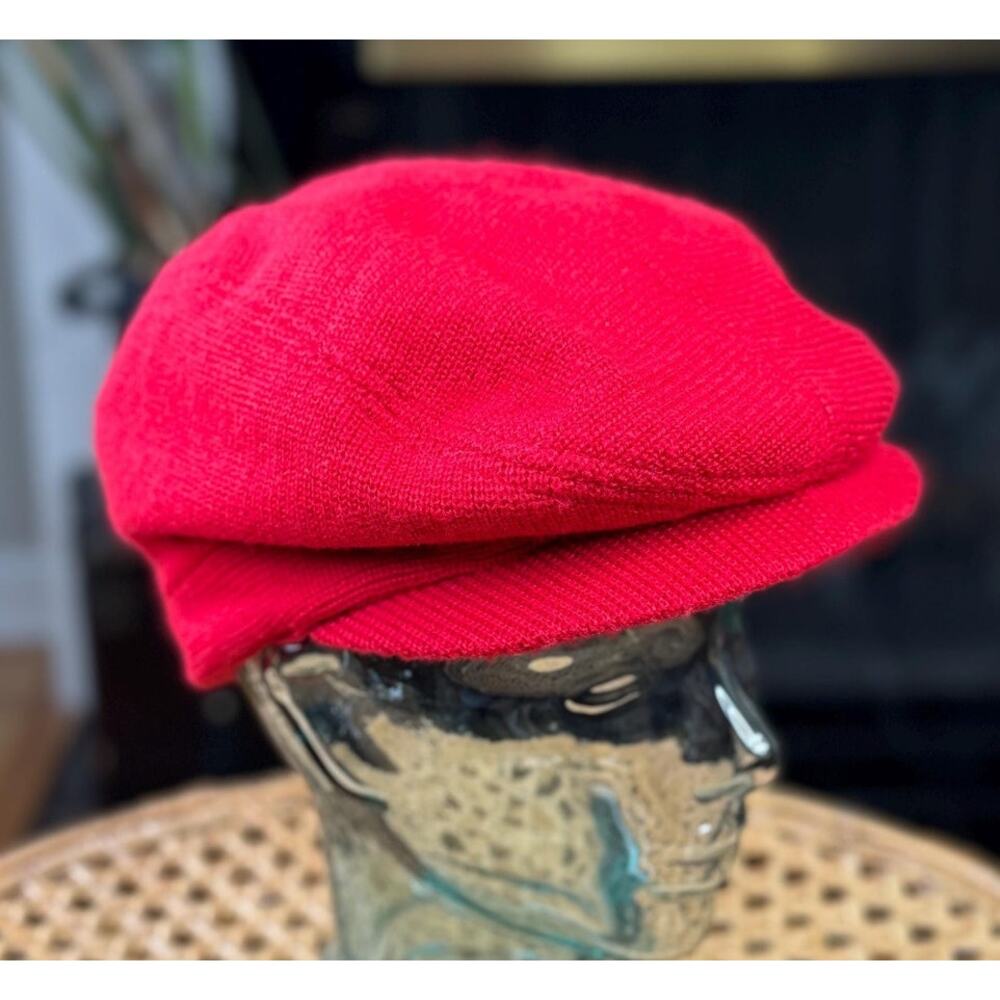 Vintage Newsboy Hat, Red 1980s Knit Newsboy Cap,  80s Hat, Red Brim Knit Cap - Picture 3 of 10